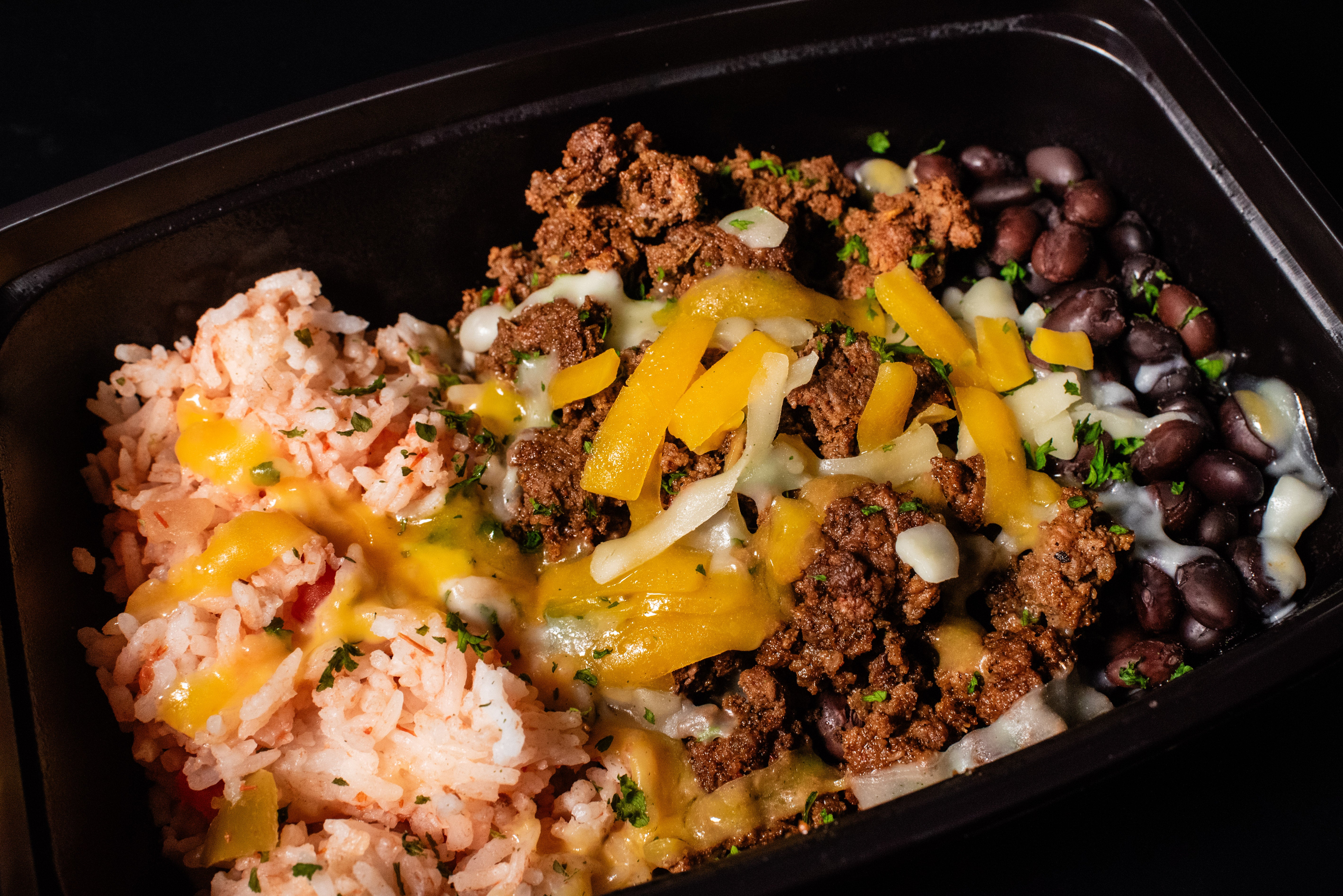 Bison Taco Bowl with Seasoned Black Beans, Spanish Rice