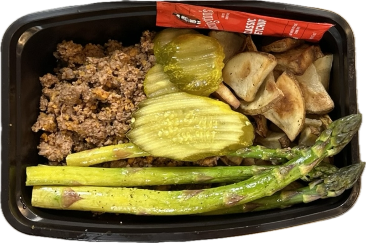 Lean Burger Bowl with Seasoned Diced Potatoes, Greens, Pickles, and Ketchup