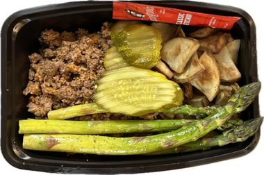 Lean Burger Bowl with Seasoned Diced Potatoes, Greens, Pickles, and Ketchup