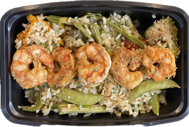 Sesame Teriyaki Stir Fry w/ Wild Caught Shrimp, Sugar Snap Peas, Peppers, Broccoli, Asparagus, and Jasmine rice
