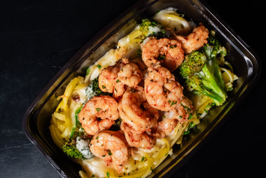Grilled Jumbo Shrimp Alfredo with Gluten Free Fettuccine and Coconut Amino Broccoli