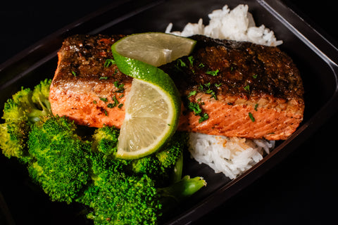 Baked Garlic Butter Wild Caught Salmon with Coconut Amino Broccoli and Jasmine Rice