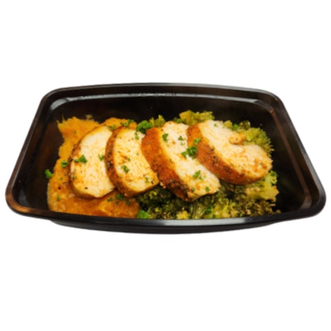 Juicy Chicken with Coconut Amino Broccoli and Sweet Potato Mash