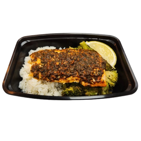 Baked Garlic Butter Wild Caught Salmon with Coconut Amino Broccoli and Jasmine Rice